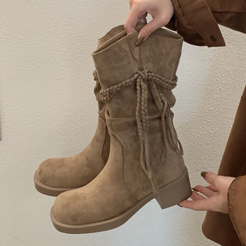 

Eilyken/женские ботильоны, дизайнерские туфли с кисточками на шнуровке и квадратном каблуке, современные короткие ботильоны в стиле панк с круглым носком, Zapatos De Mujer