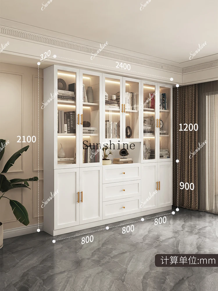 

American light luxury integrated whole wall to top glass door storage office home study floor bookshelf FT