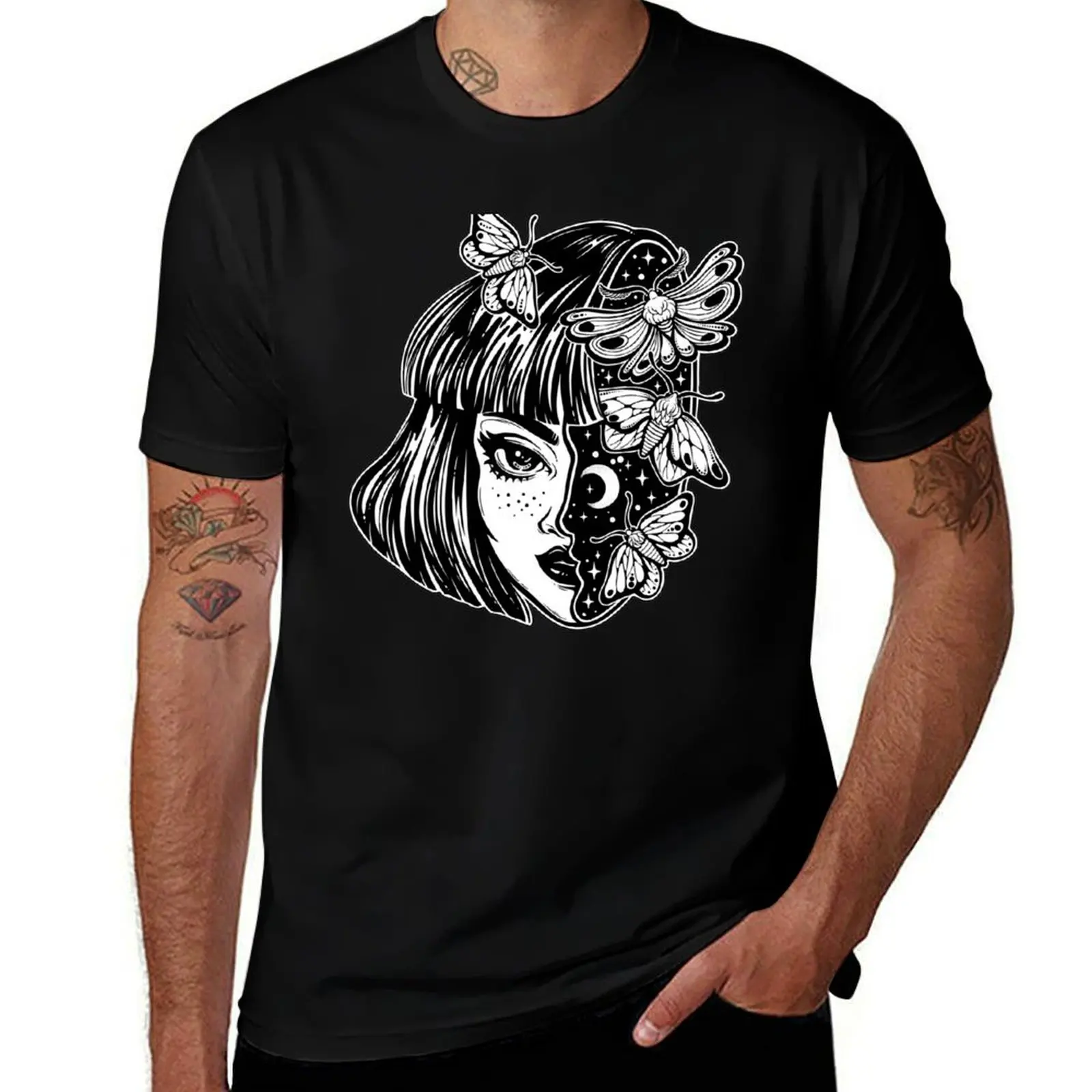 Portrait of the magic surreal witch girl with a head as night sky full of moth butterflies. T-Shirt