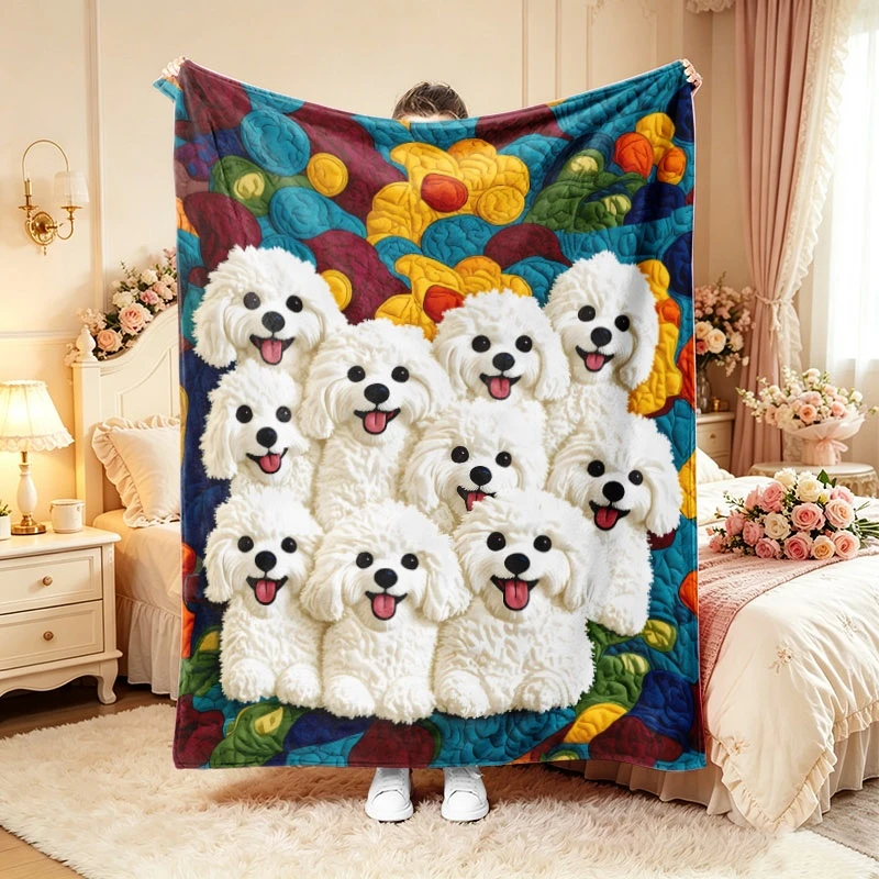 Colorful Background Bichon Frise Illustration Throw Blanket,Warm Sofa,Chill Night Cover,Birthday Anniversary Home Casual Gift