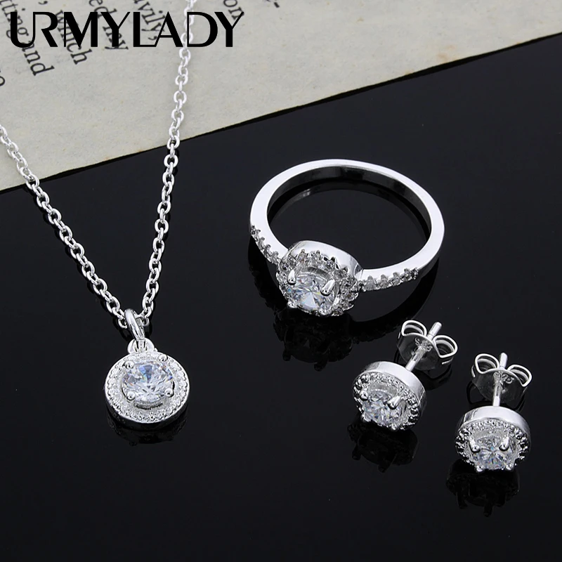 

925 Sterling silver Cute Solid Christmas gift noble fashion elegant women shiny crystal CZ necklace earring ring jewelry Set