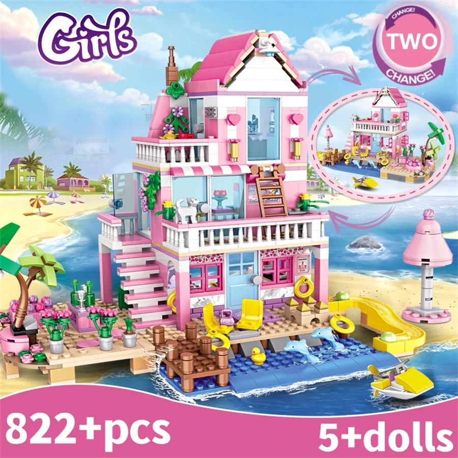 822ピース-サマービーチヴィラ、女の子向けビルディングブロック、2つの形の3d建築レンガ、stemクリエイティブオーナメントギフト