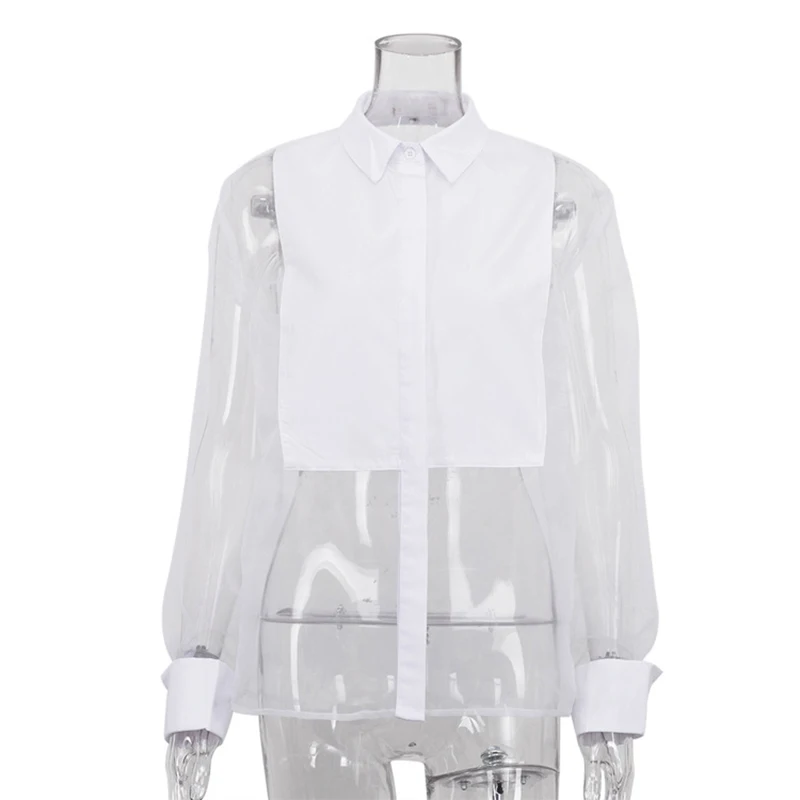 Spring Autumn 2024 Design White Shirt Women Blouse Organza Mesh Patchwork Transparent Sexy Top Turn-down Collar Long Sleeve 4990