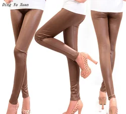 Womens Black Khaki Brown Stretch Leather Leggings Push Up Femme Quality Pu Leather Leging Women Casual Skinny Leggin Pants Mujer