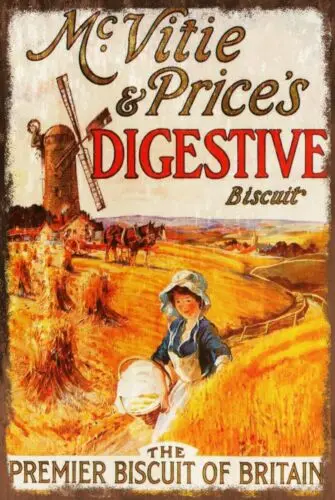 Letrero de metal retro con publicidad de galletas digestivas McVitie and Price, letrero para cafetería