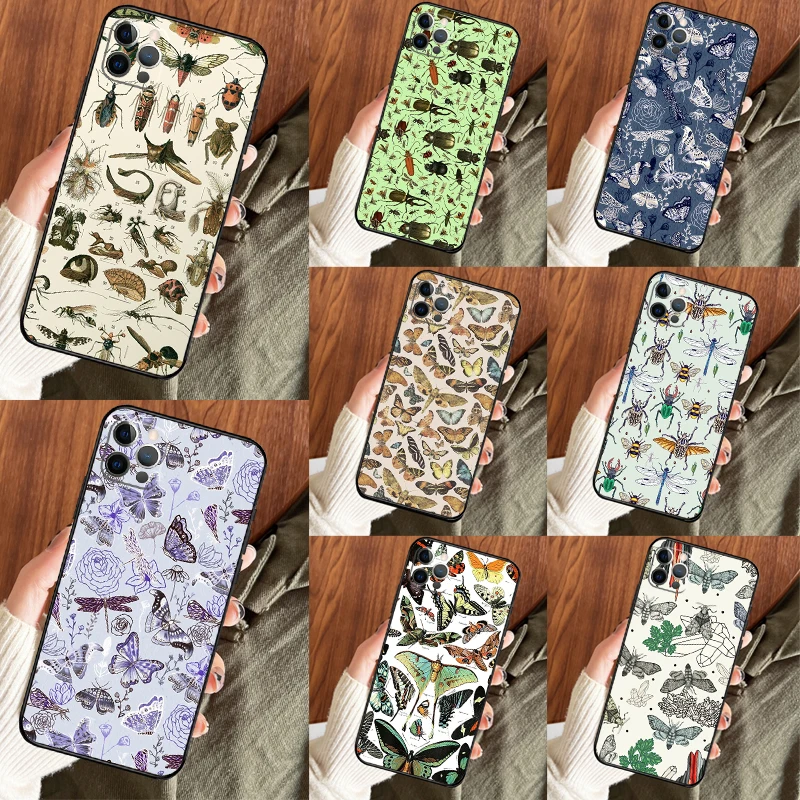 Moths insects botanical butterflies Phone Case For iPhone 14 13 12 11 15 16 Pro Max XS X XR Plus 12 13 Mini Cover