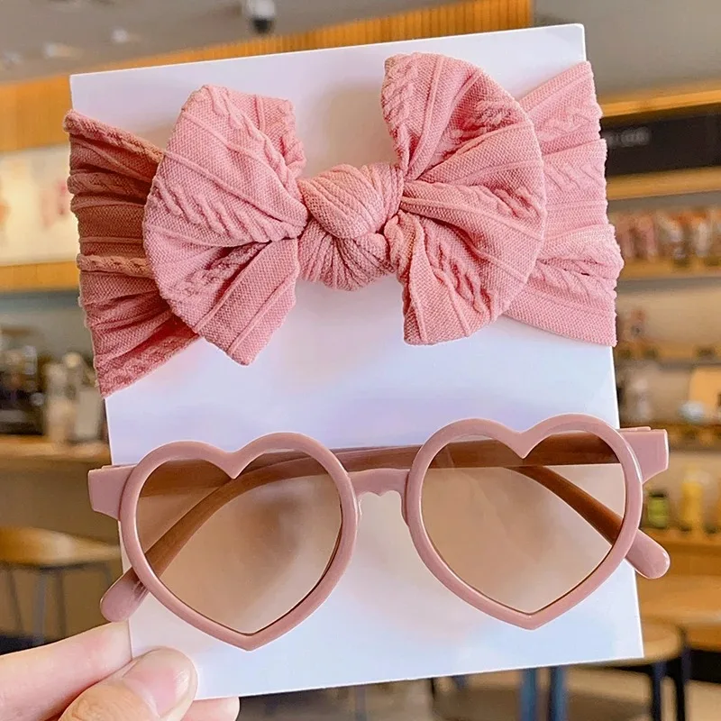 2 Teile/satz Neue Kinder Nette Farben Weiche Bowknot Breite Haarbänder Mode Runde Blume UV400 Sonnenbrille Set Kinder Haar Zubehör – Detail 4