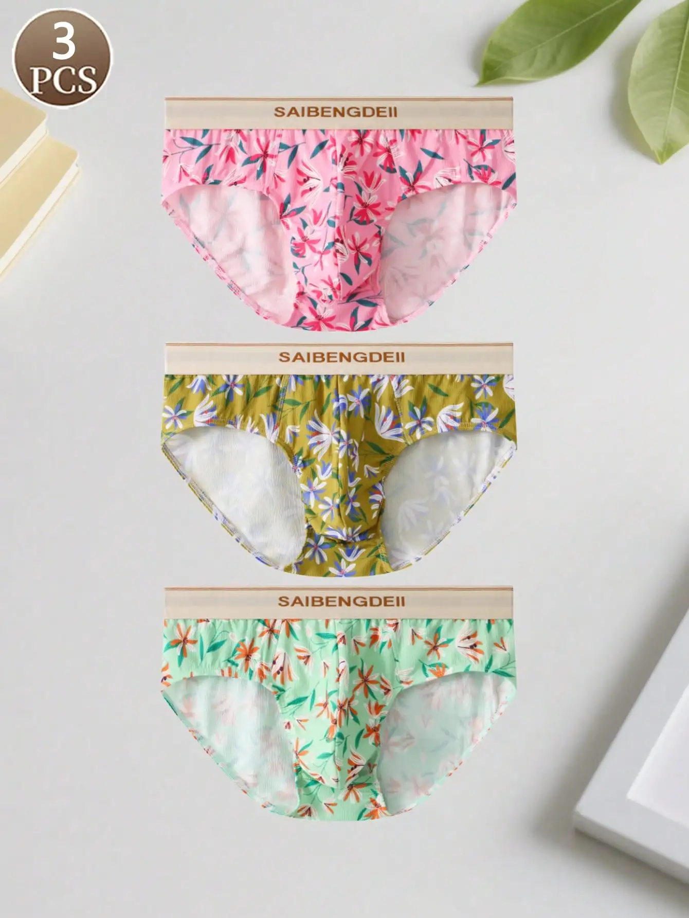 

3PCS men's knitted triangle pants with floral patterns simple mid waist underwear soft and comfortable men's brief