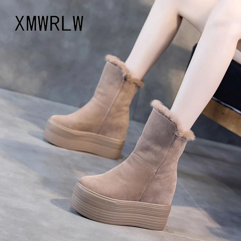 

XMWRLW 2025 зимние женские ботильоны из натуральной кожи, модные женские ботильоны на высоком каблуке, теплые плюшевые женские ботинки, зимняя обувь