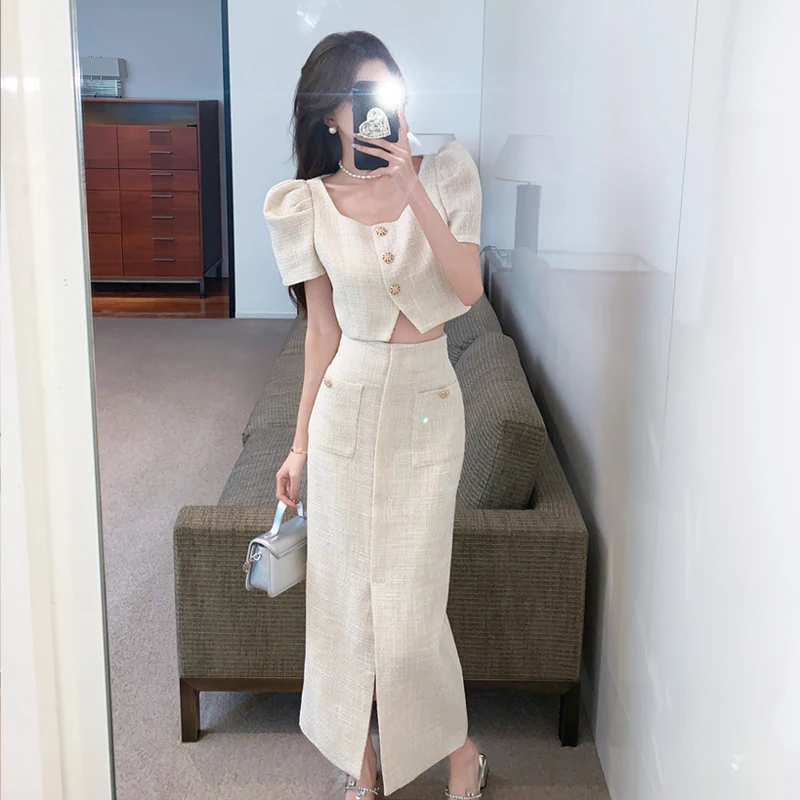 High Quality Chic Fashion Summer Two Piece Set Women Square Collar Beige Puff Sleeve Crop Top + High Waist Bodycon Skirts Suit