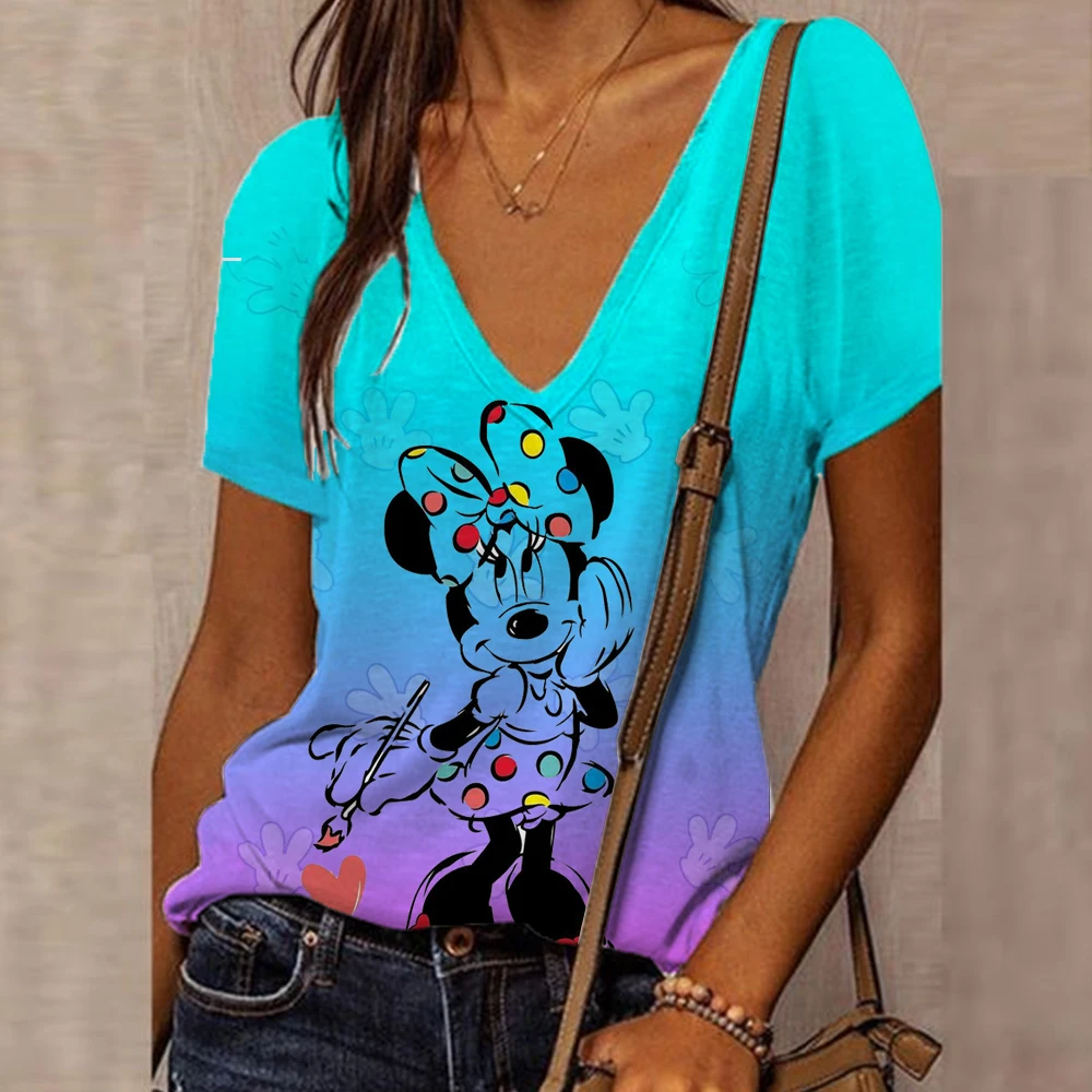 

Women T Shirt Disney Mickey Mouse Minnie Print V Neck Short Sleeve Basic Tops Streetwear Summer Oversized Clothing Female Tee