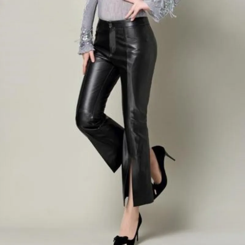 High Quality Women New Fashion High Waist Genuine Real Sheep Leather Pants Streetwear Women Flare Pants Black