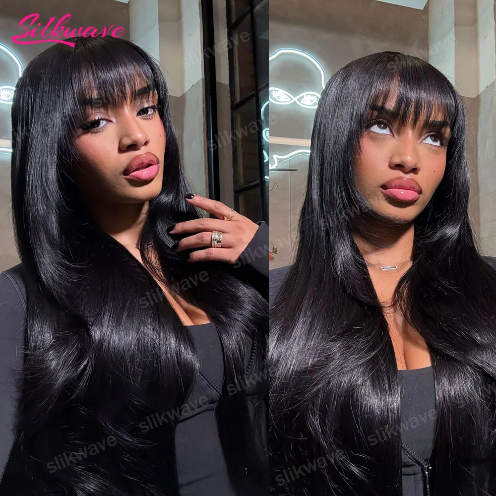 

40-дюймовый парик из натуральных прямых перуанских волос с челкой, с закрытием 3x1, с центральным пробором, для женщин, натуральный черный цвет, безклеевые парики