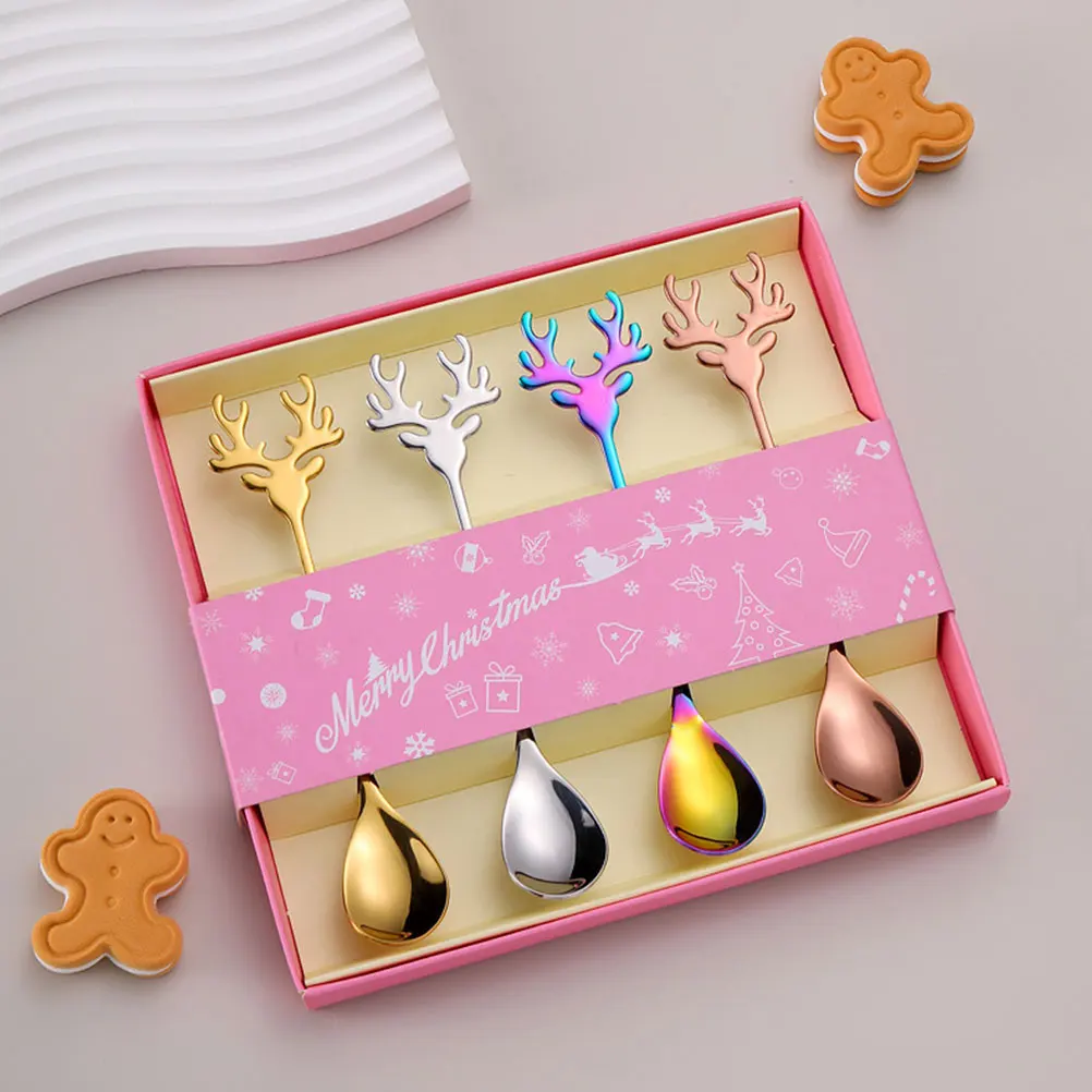 

4 Pcs Elk Coffee Spoon Serving Utensils Stainless Steel Chiristmas Chocolate Spoons Child Ice Cream Novelty Tea