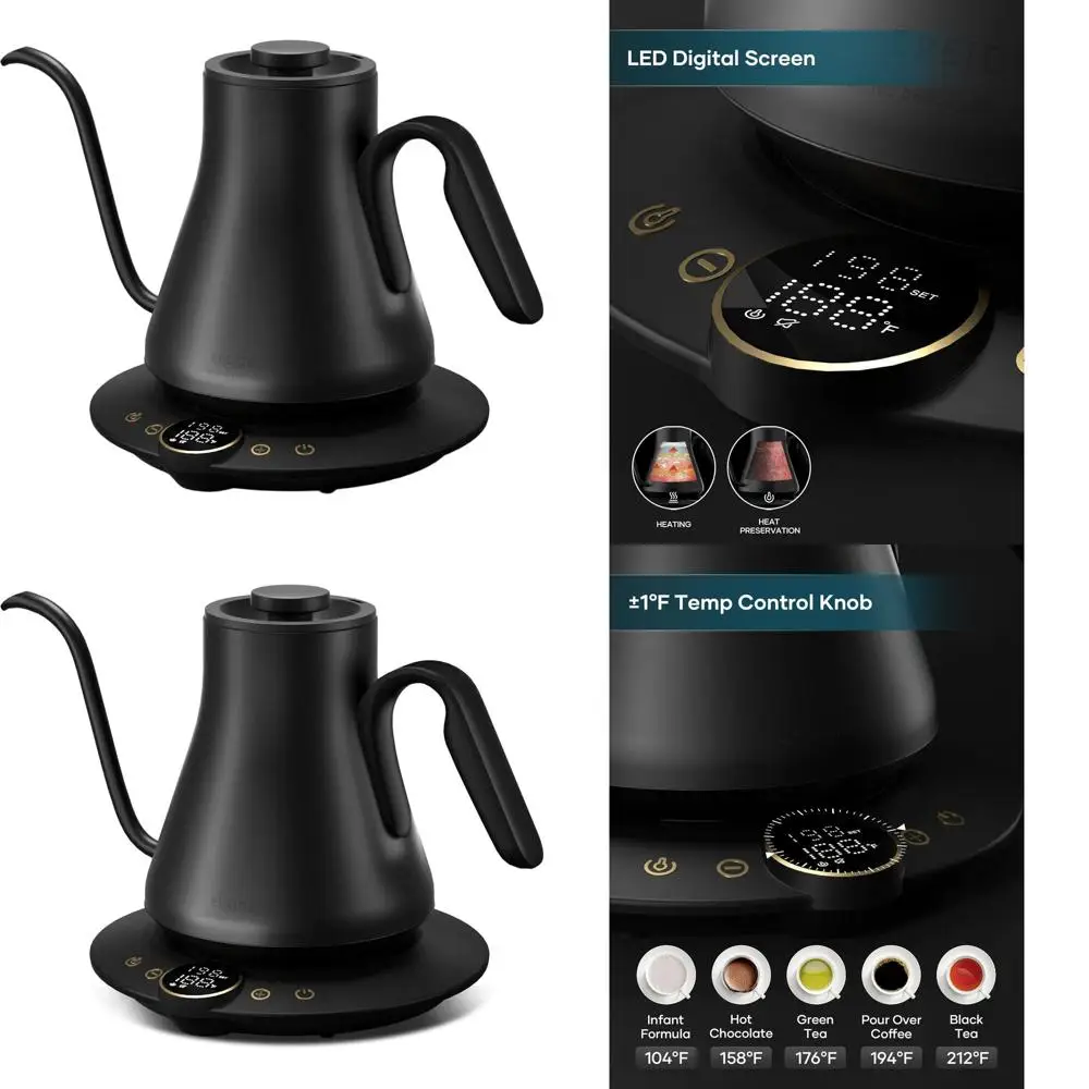 

Precision Temperature Electric Kettle: ±1°F Control for Pour Over, Fast Heating, BPA-Free, Timer, 1500W/0.9L
