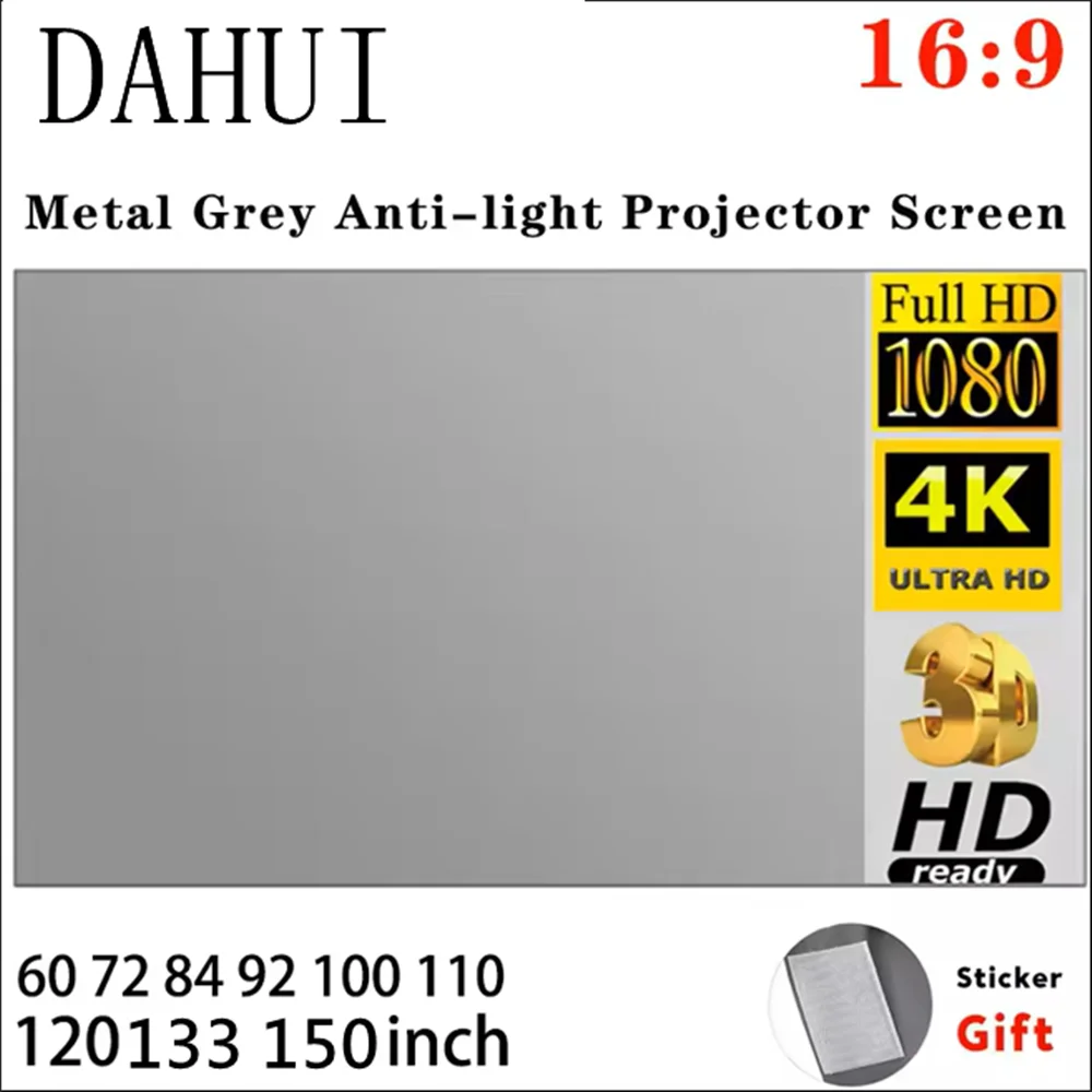 

DAHUI Projector Screen Simple 16:9 Anti-Light Curtain 60 Inches Home Outdoor Office Portable 3d HD Metal Gray