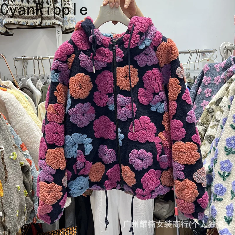 Fashionable Autumn Winter Flocking Floral Hooded Jacket Loose Zip Cardigans Top All-match Long Sleeve Women Casual Hoodie Coat
