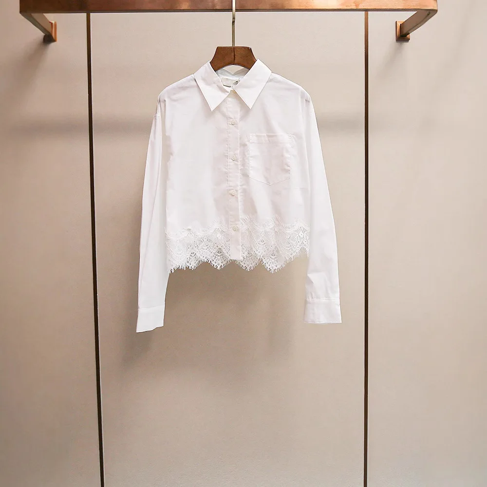 

High-End Women's Lace Splice Short Shirt Long Sleeve Commute Style Loose Fit Spring Summer New Arrival Slimming Effect