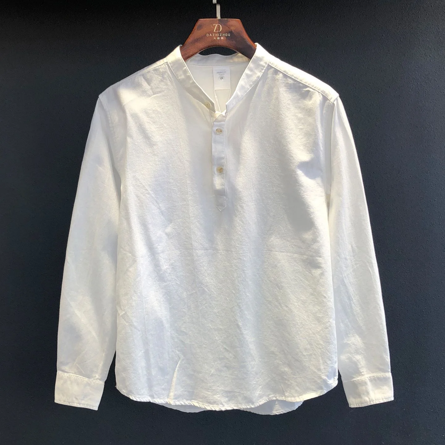 

Spring Autumn Men's Pure Cotton Henry Collar Shirt Breathable Versatile Trendy Base Layer Top American Style Loose Fit Long S...