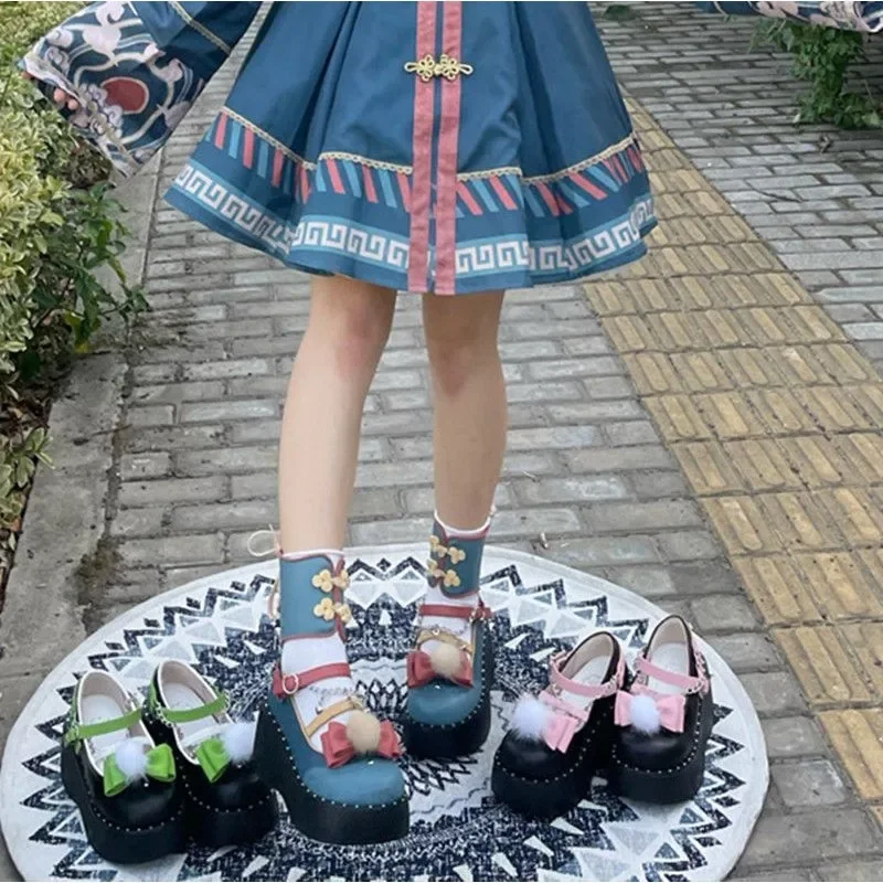 

3 Color Chinese Style Round Toe Bowknot Chain Thick Sole Lolita Shoes Women Kawaii Zombie Cosplay Shoes Lolita Dress Accessories