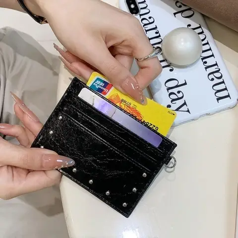 Compact Ultra Thin Cracked Leather Card Wallet Mini Size Multiple Slots Rivet Card Holder Solid Color PU Coin Purse Student