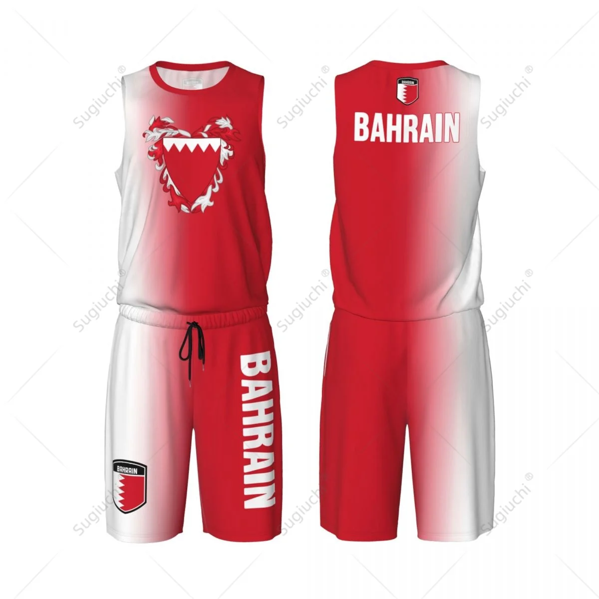 Conjunto de camisa de basquete com bandeira da Bahrein masculina, camisa e calças de malha, sem mangas, exclusivo, nome personalizado, Nunber, unissex