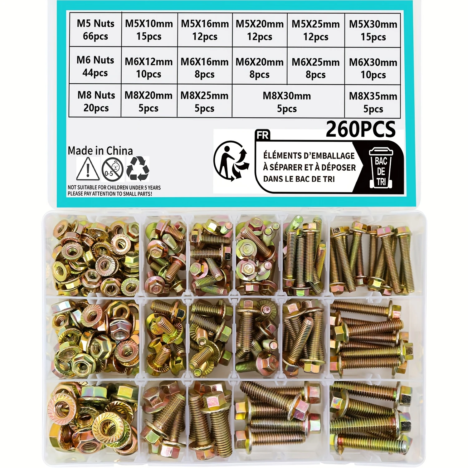 

260 sets of 8.8 grade alloy steel flange bolts and nuts - M5, M6, M8 metric hex screws with 14 common sizes of nuts