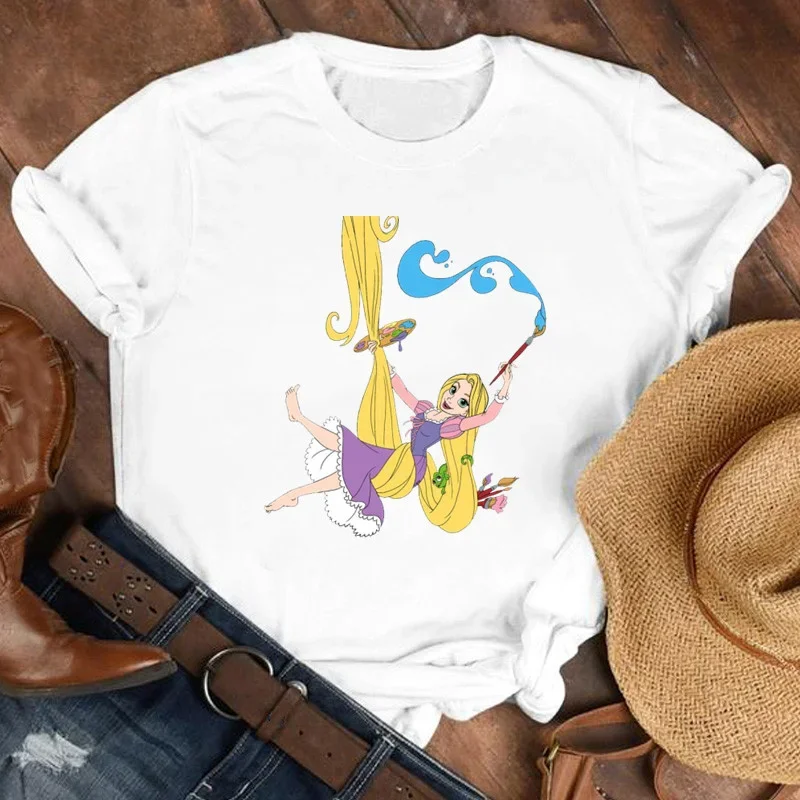 Disney Rapunzel Graphic Children Tshirt Girl Clothing Cartoon Printed Casual T-shirt Summer Short Sleeve Cotton Top Baby Kid Tee