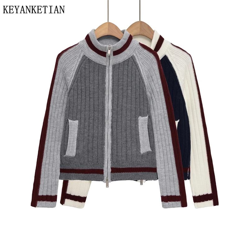 

KEYANKETIAN Winter New Women's Clothing Color Blocking Splicing Letter Jacquard Zipper Knitted Cardigan Women Sweater Jacket