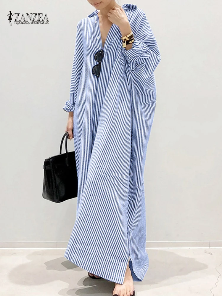 Moda Auutmn vestido camisero 2025 ZANZEA mujeres solapa cuello manga larga vestido veraniego a rayas Maxi bata Casual trabajo OL Vestidos de gran tamaño