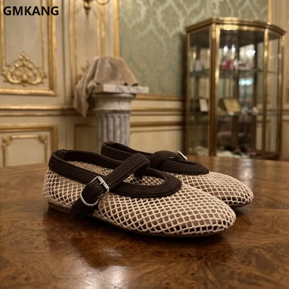 Mesh Ballet Shoes for Women 2026 Summer Hollow Knit Breathable Slip-On Flat Bottom Casual Walking Shoes