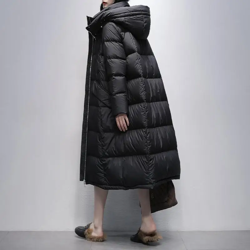 Europäische Winter Neue Damen Daunenjacke Pendeln Mit Kapuze Lange Lose Daunenjacke