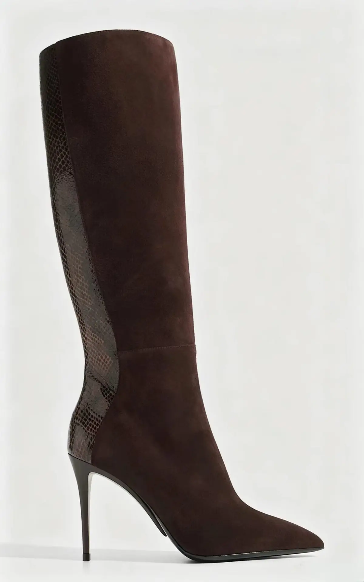 New Women Dark Brown Suede Knee High Boots Pointed Toe Stiletto Side Zipper Slim Fit Tall Boots Elegant Evening Party Long Boots