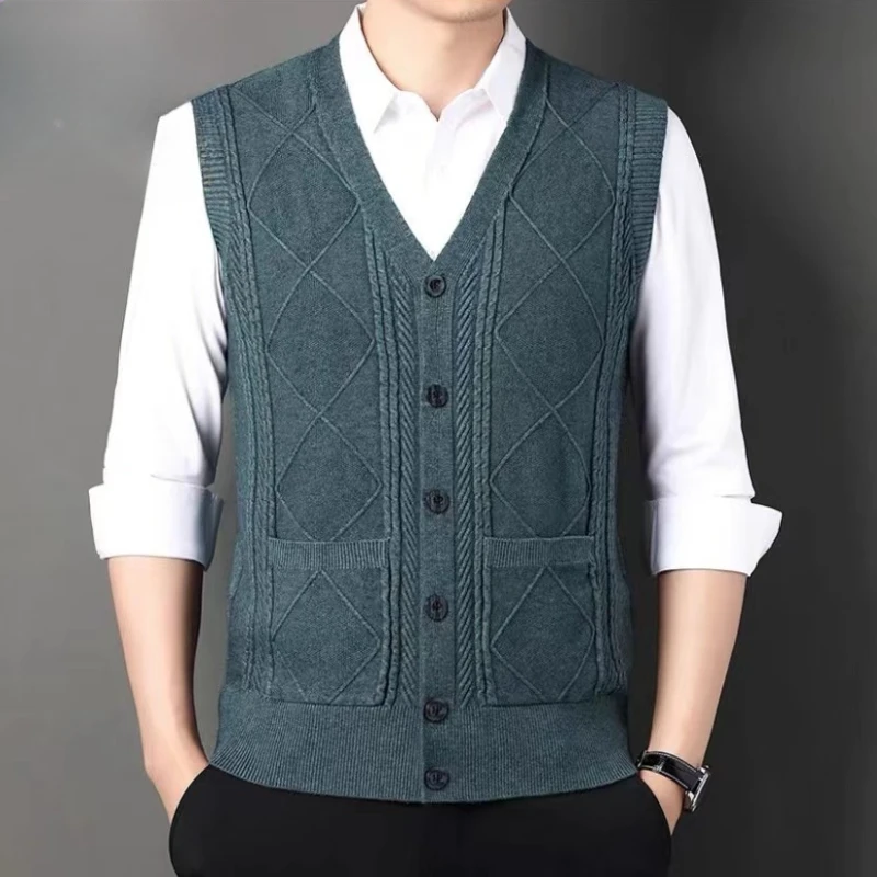 

Мужской осенне-зимний вязаный жилет без рукавов с v-образным вырезом и пуговицами, свободная повседневная верхняя одежда, чистый цвет