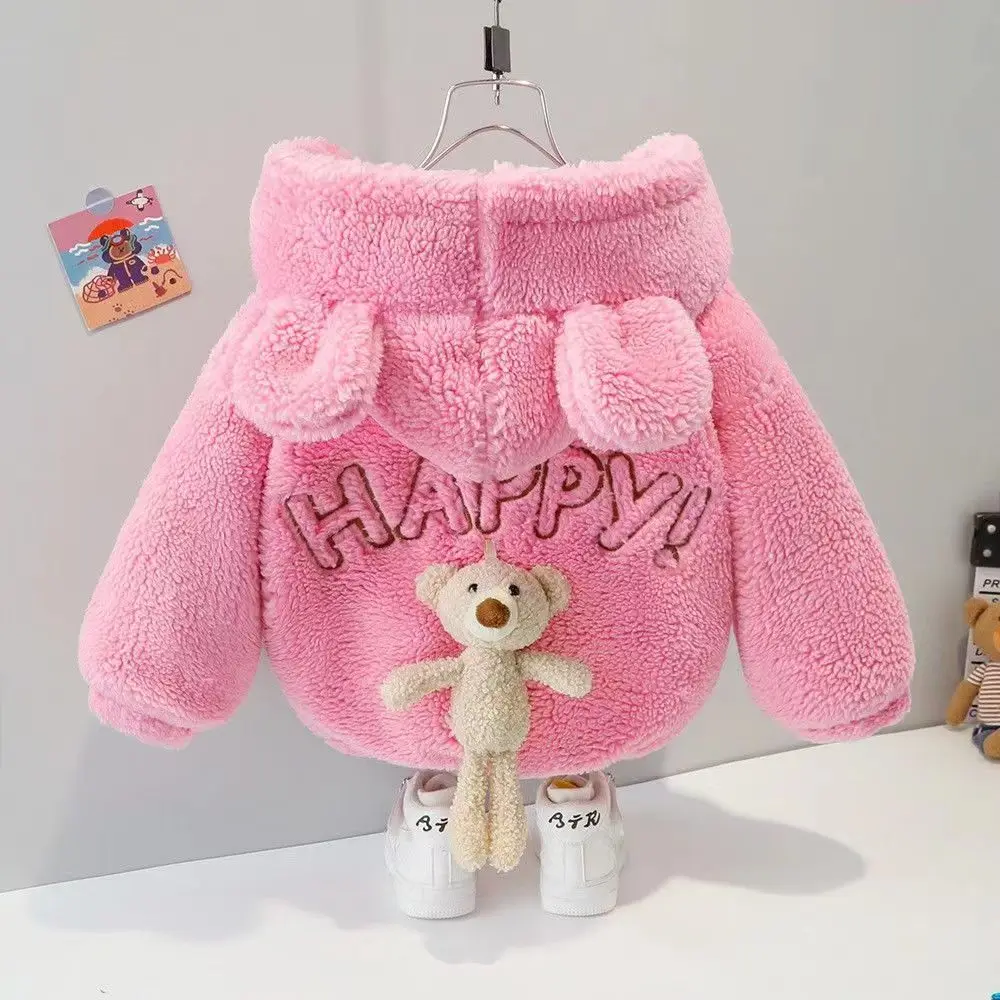 2023 Winter Baby Girls Fur Hooded Coat Korean Version Kids Thicken Clothes Children Solid Color Outwear Jacket