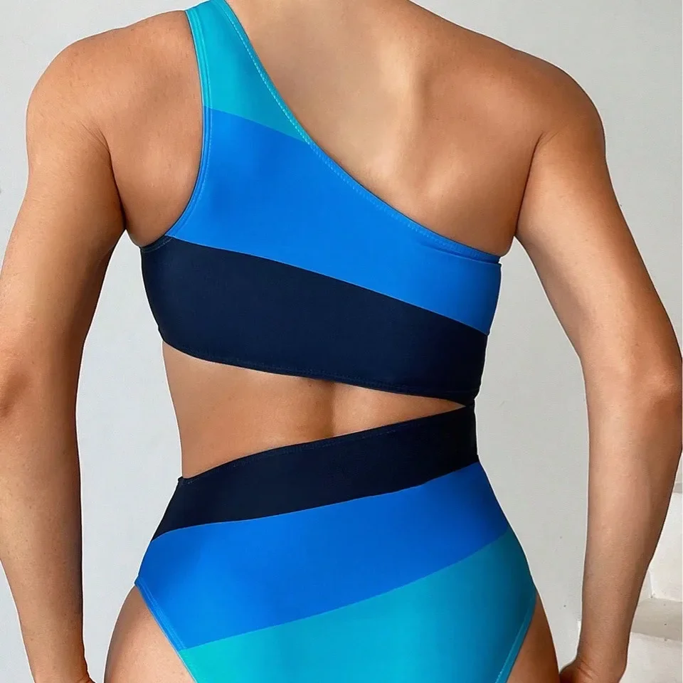 New One Shoulder One Piece Swimsuit Women Sexy Patchwork Plus Size Swimwear Thong Monokini Micro Bikini Bathing Suit 2024 Mujer