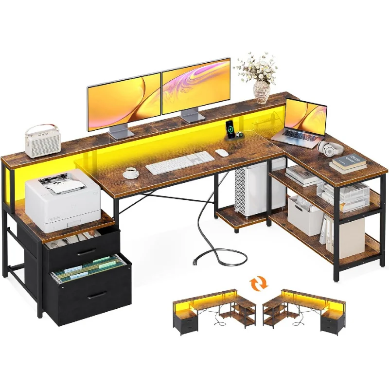 

L Shaped Desk with File Drawer, 75" Reversible L Shaped Computer Desk with Power Outlet & LED Strip, Office Desk with Storage