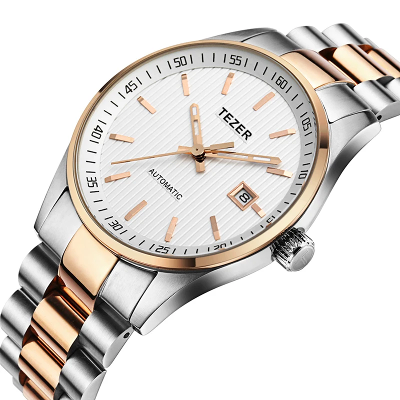 TEZER Men Automatic Watch | Two‑Tone Steel Bracelet | Vertical Groove Dial | Date Window | 50M Water Resistant