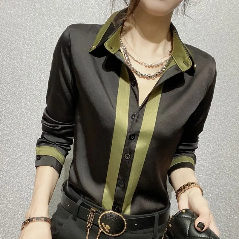 Women\'s Clothing Fashion Spliced Blouse Commute Single-breasted Korean Turn-down Collar Spring Autumn New Long Sleeve Slim Shirt