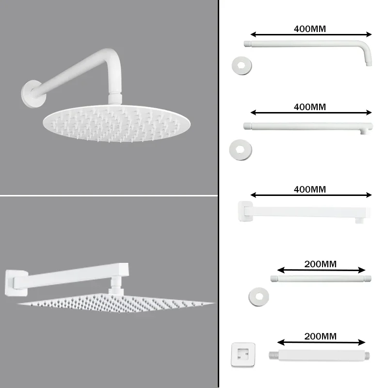 

Bathroom Overhead Wall Ceiling Mounted Shower Arm Top Head Ultra Thin Matt White Rainfall Sprinkler Spar Big Square Round Oval
