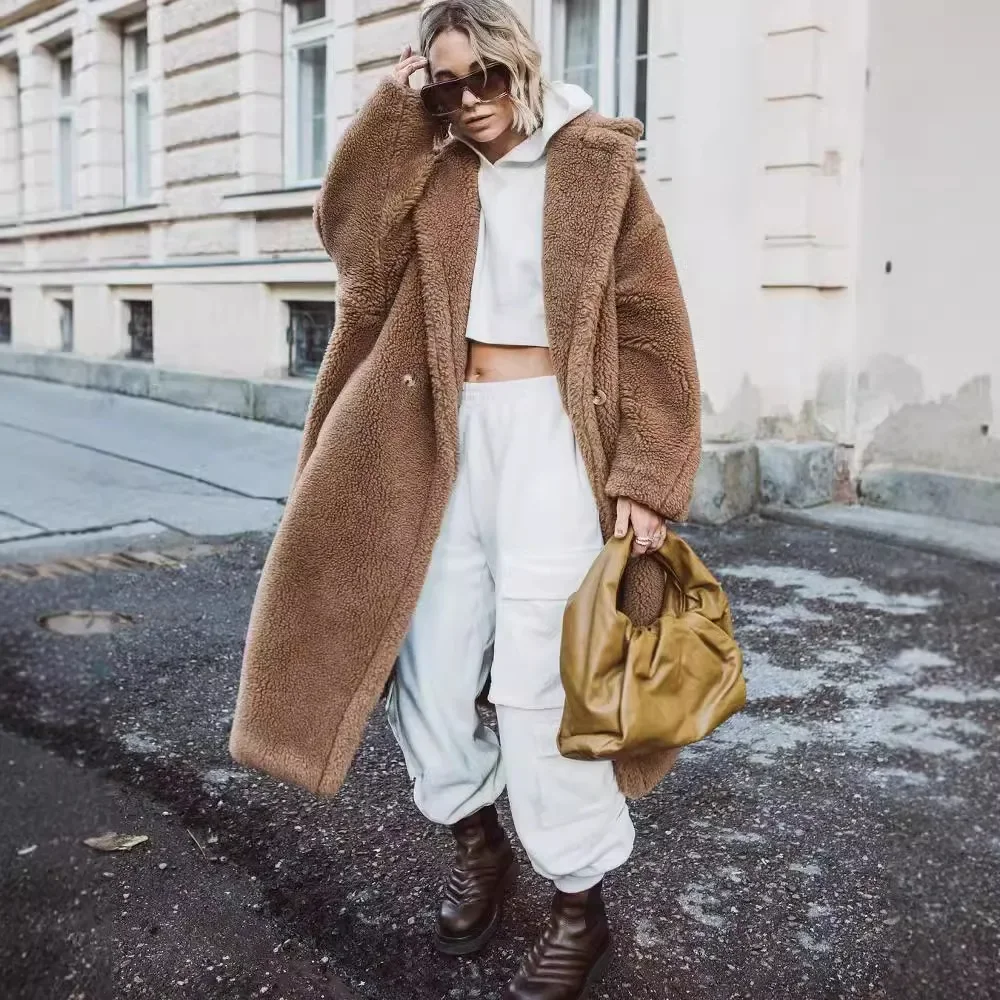 

Женское пальто средней длины из искусственного меха, куртки с отложным воротником, толстое теплое пальто Y2k, уличная куртка, рабочая верхняя одежда, осень-зима