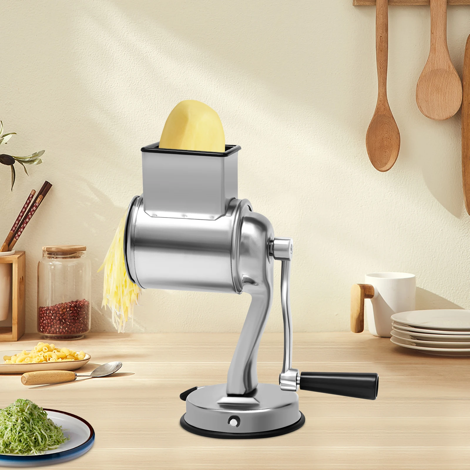 

Роторная овощерезка из нержавеющей стали, 5 роликовых лезвий из нержавеющей стали с присоской, легко очищаемая для нарезки на кухне