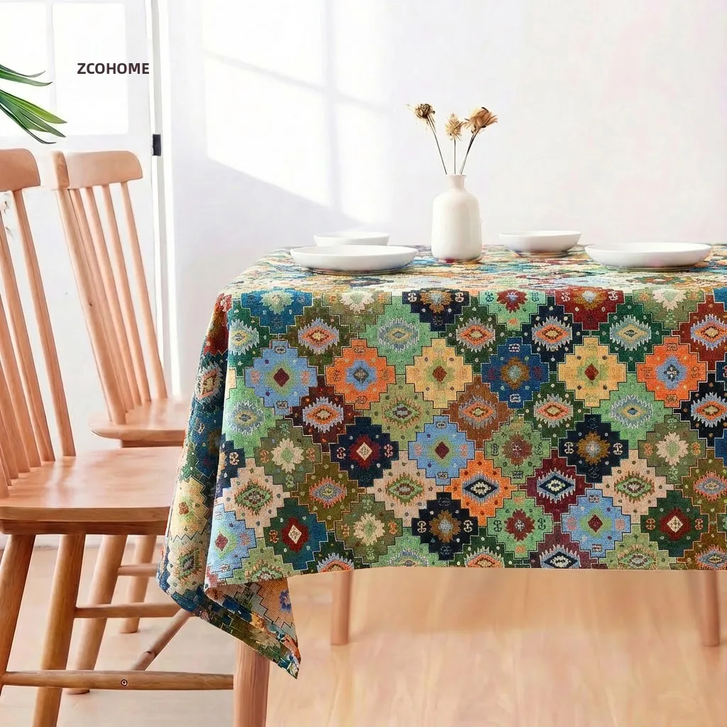 

Bohemian Ethnic Style Rectangular Tablecloth Cotton Linen Embroidery Dining Table Cloth Artistic Geometry Design High-End Fee...