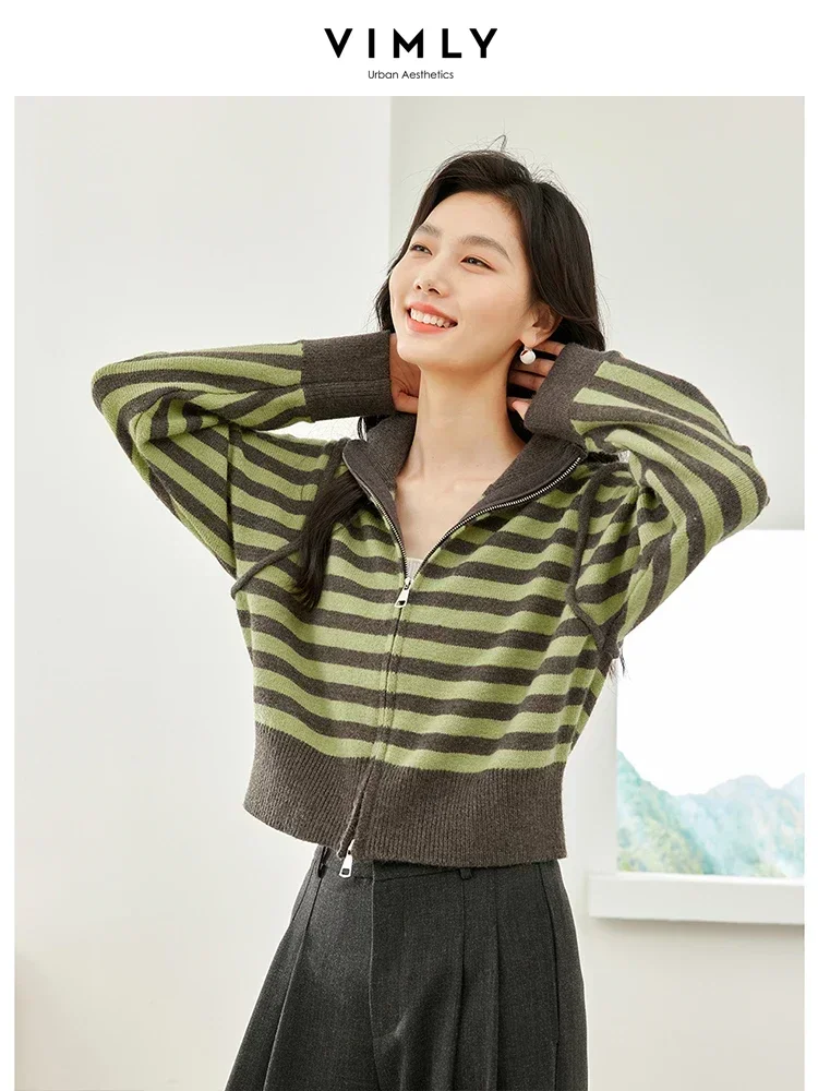 Vimly Contrast Striped Cropped Cardigan Autumn Women's Soft Knit Sweater 2023 Fall Casual Lapel Full Zipper Top Knitwear 72551