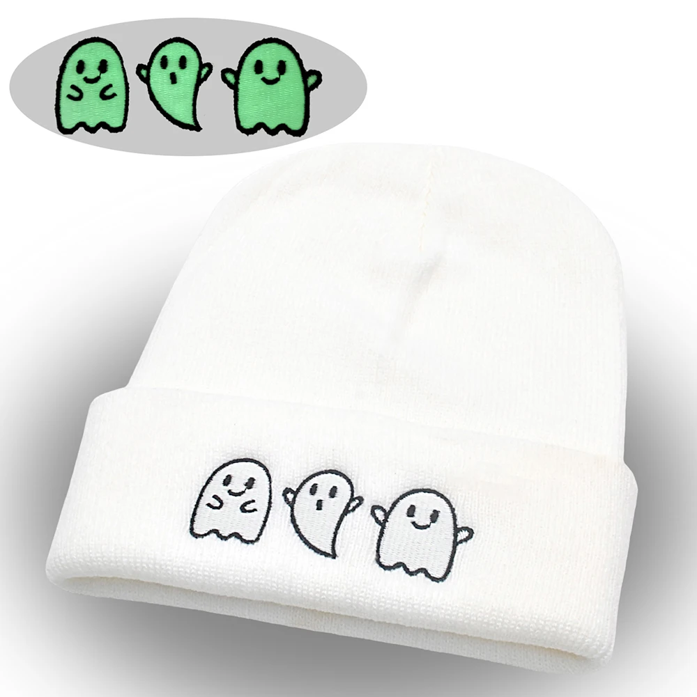 Halloween Ghost Beanie Luminous Embroidered Knitted Hats Unisex Ski Outdoor Hat Glow in The Dark