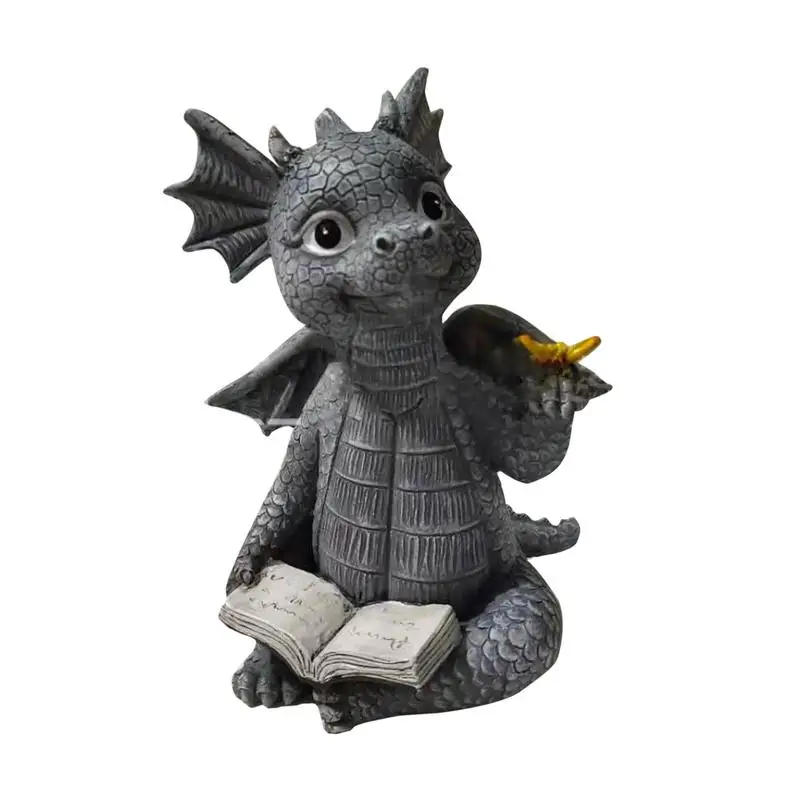 Dragon Garden Statue Holding Butterfly Reading A Book Dragon Figurines Cute Animal Garden Statue Fairy Garden Accessories Art