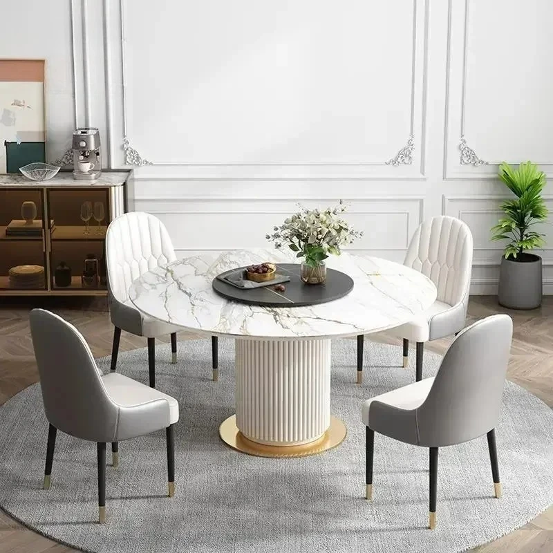 Luxury Marble Top Minimalist Round Sliding Dining Table with 4 Chairs for Small Apartment Home Furniture Kitchen Table