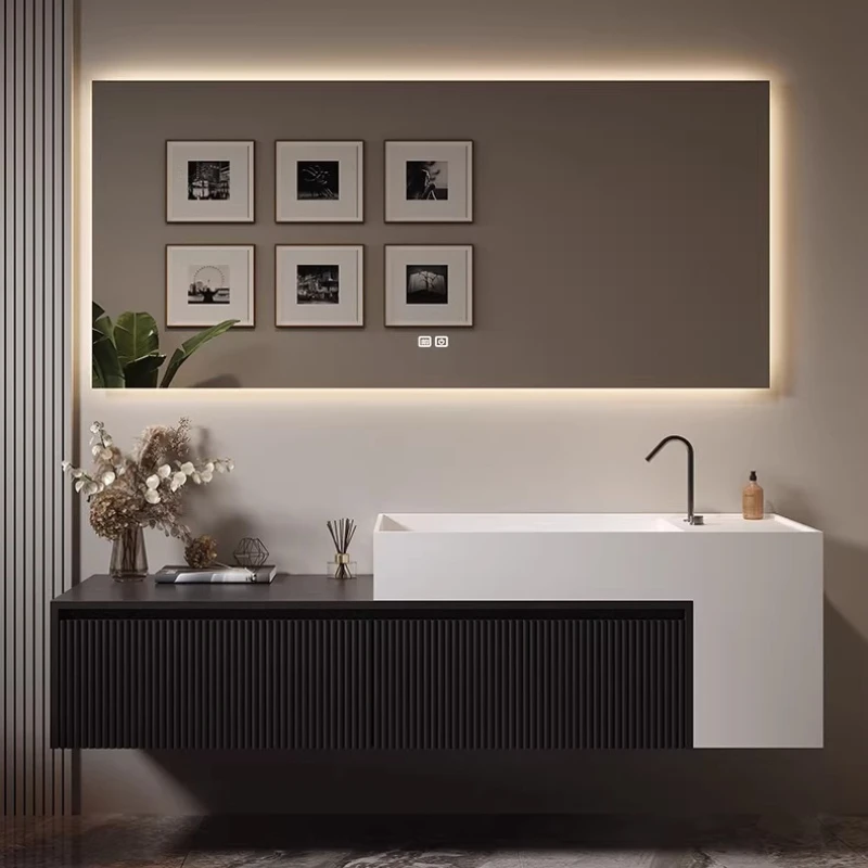 Haute couture bathroom cabinet combination rubber wood paint artificial stone integrated basin extended large basin