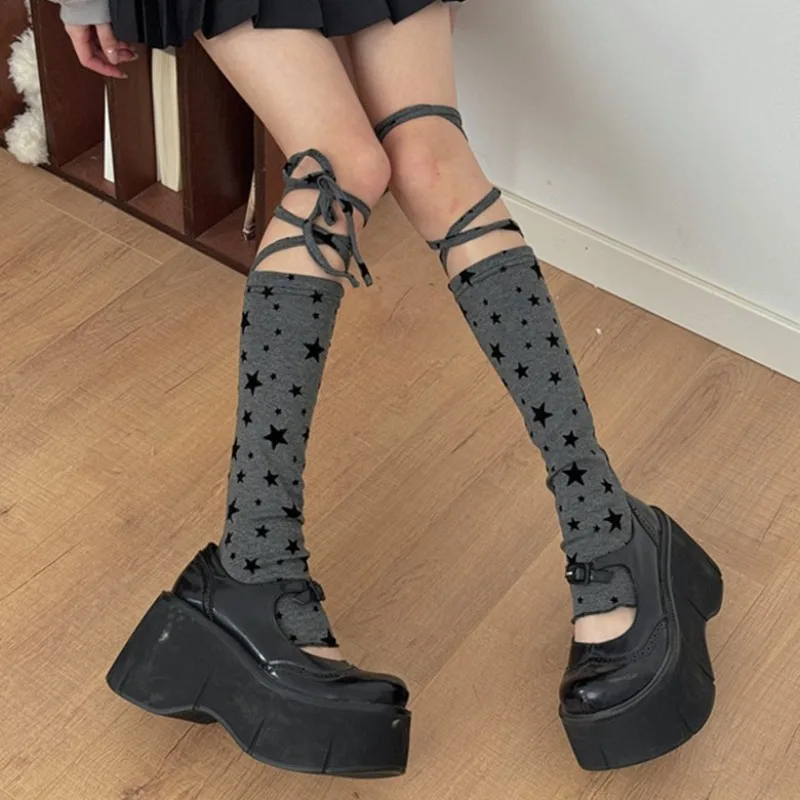 Women's Star Cross Strap Calf Socks JIK Girl Ankle Socks Polka Dots Tie Ins Style Sweet Mid-calf Socks with Foot Covers Set