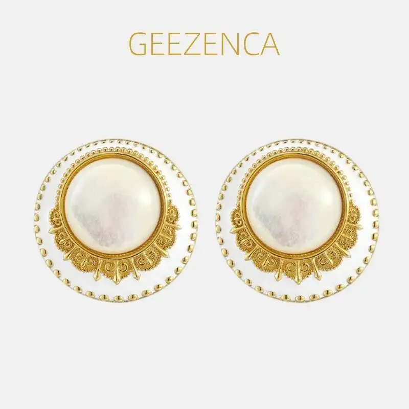 

GEEZENCA 925 Silver 18K Gold White Mother of Pearl Large Round Earrings For Women Enamel Classic Court Luxury Earring Party Gift